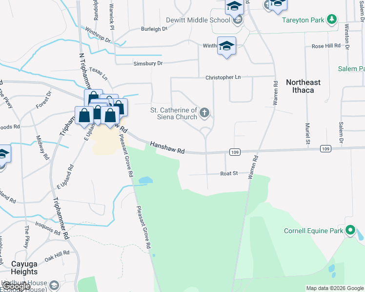 map of restaurants, bars, coffee shops, grocery stores, and more near 1026 Hanshaw Road in Ithaca