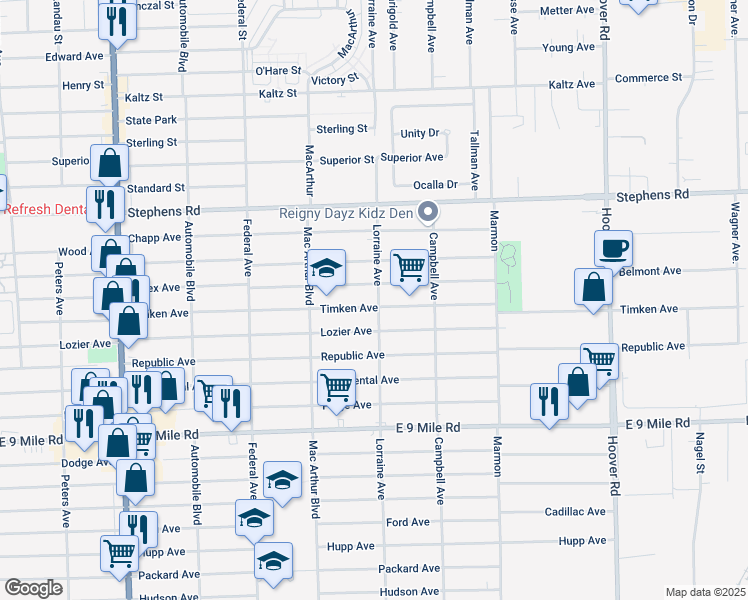 map of restaurants, bars, coffee shops, grocery stores, and more near 8716 Essex Avenue in Warren