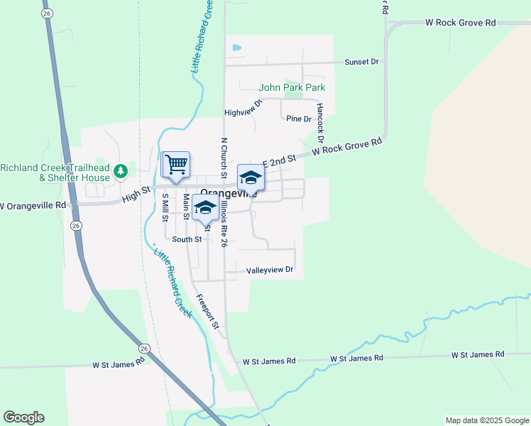 map of restaurants, bars, coffee shops, grocery stores, and more near 201 South Orange Street in Orangeville