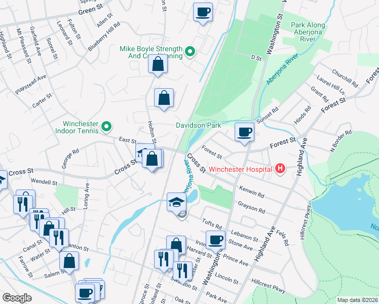 map of restaurants, bars, coffee shops, grocery stores, and more near 18 Forest Street in Winchester