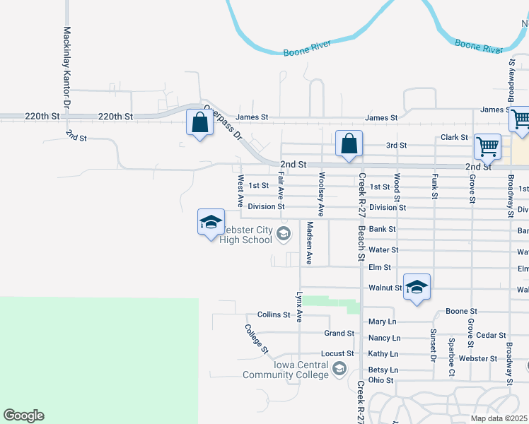 map of restaurants, bars, coffee shops, grocery stores, and more near 1501-1599 Division St in Webster City