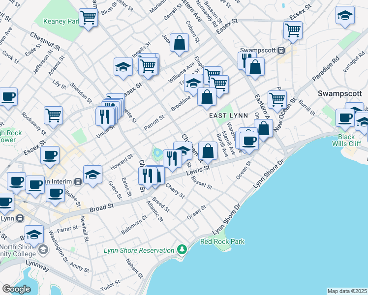 map of restaurants, bars, coffee shops, grocery stores, and more near 53 Chatham Street in Lynn
