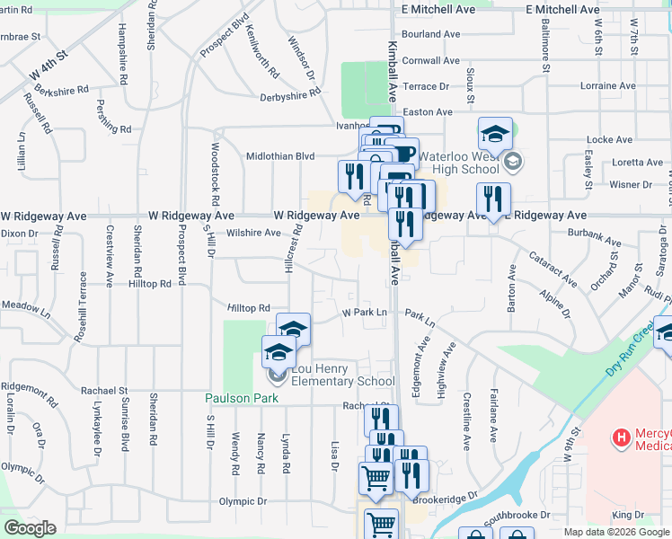 map of restaurants, bars, coffee shops, grocery stores, and more near 3120 Brockway Road in Waterloo