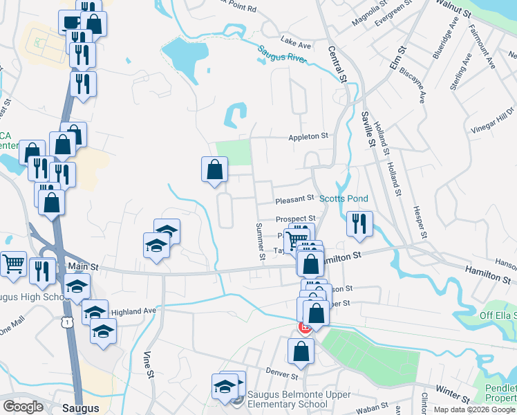 map of restaurants, bars, coffee shops, grocery stores, and more near 49 Summer Street in Saugus