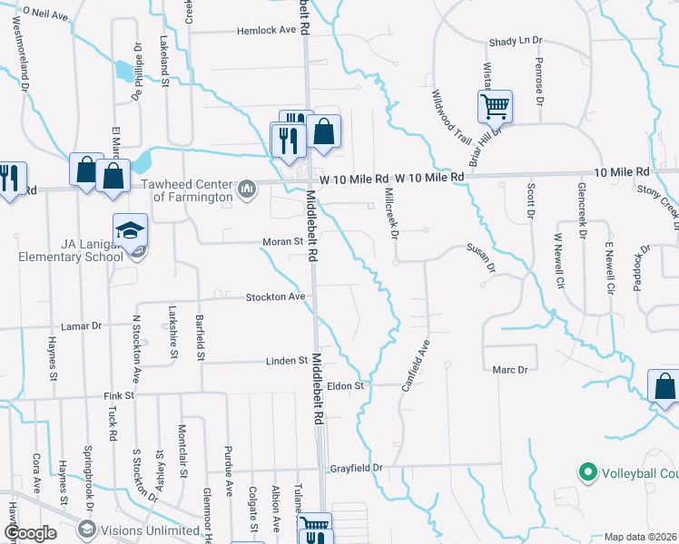 map of restaurants, bars, coffee shops, grocery stores, and more near 23840 Middlebelt Road in Farmington Hills