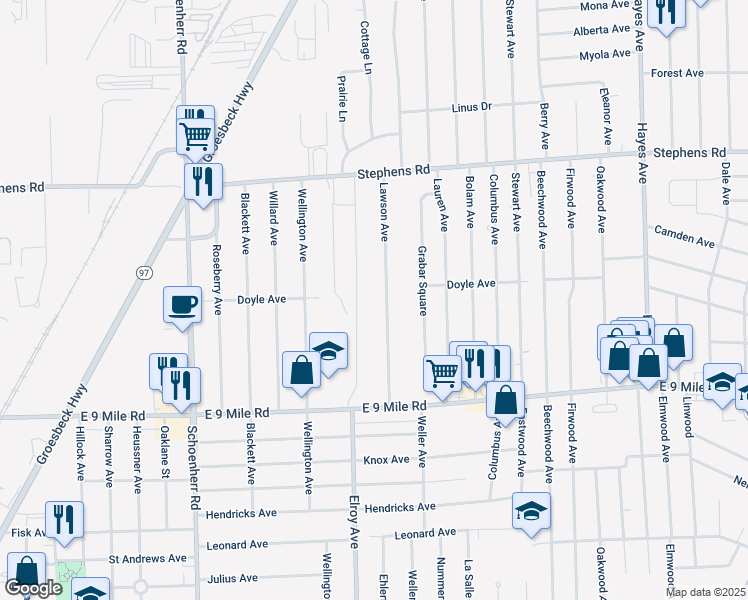 map of restaurants, bars, coffee shops, grocery stores, and more near 23341 Lawson Avenue in Warren
