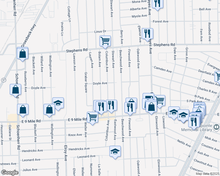 map of restaurants, bars, coffee shops, grocery stores, and more near 23295 Stewart Avenue in Warren
