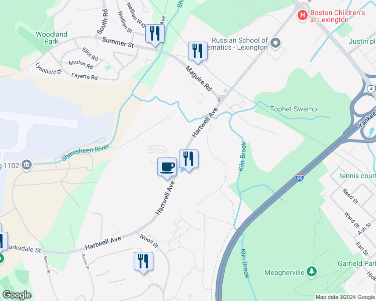map of restaurants, bars, coffee shops, grocery stores, and more near 128 Hartwell Avenue in Lexington