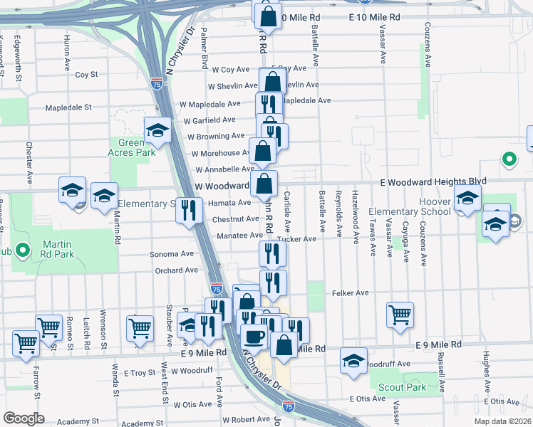 map of restaurants, bars, coffee shops, grocery stores, and more near 23919 John R Road in Hazel Park