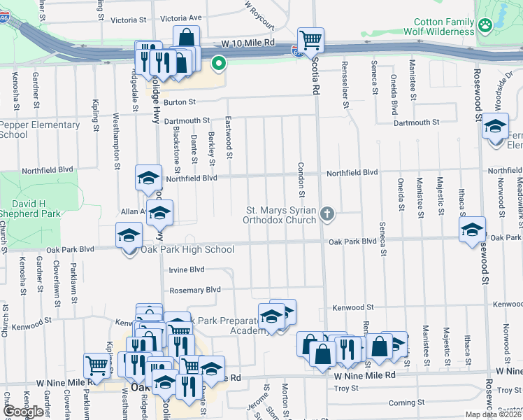 map of restaurants, bars, coffee shops, grocery stores, and more near 24060 Moritz Street in Oak Park