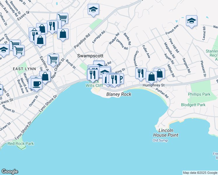 map of restaurants, bars, coffee shops, grocery stores, and more near 50 Blaney Street in Swampscott