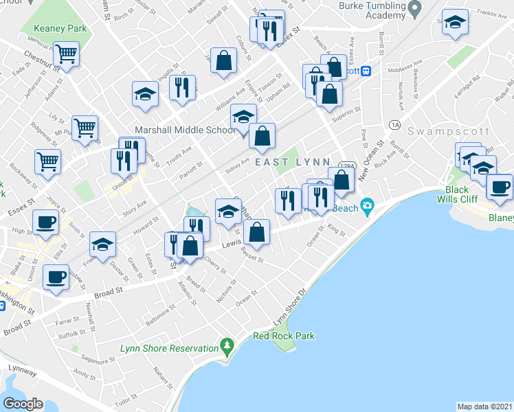 map of restaurants, bars, coffee shops, grocery stores, and more near 50 Phillips Avenue in Lynn