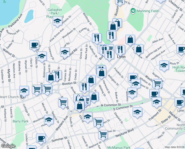 map of restaurants, bars, coffee shops, grocery stores, and more near 296 Boston Street in Lynn