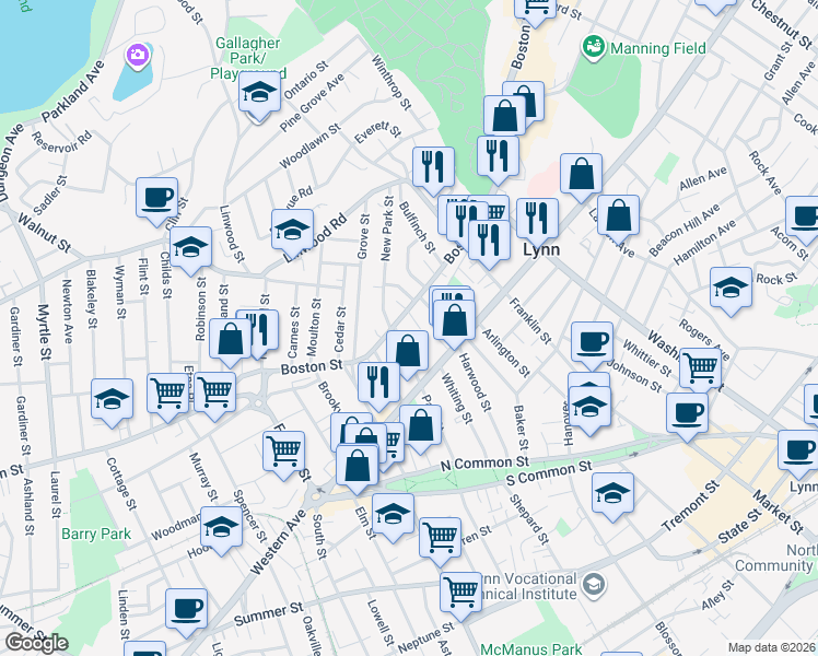 map of restaurants, bars, coffee shops, grocery stores, and more near 296 Boston Street in Lynn