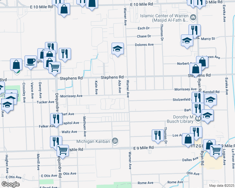 map of restaurants, bars, coffee shops, grocery stores, and more near 23853 Ada Avenue in Warren