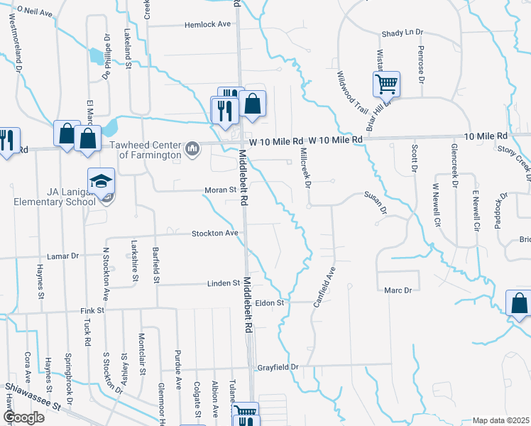 map of restaurants, bars, coffee shops, grocery stores, and more near 23840 Middlebelt Road in Farmington Hills