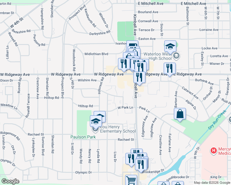 map of restaurants, bars, coffee shops, grocery stores, and more near 3120 Brockway Road in Waterloo