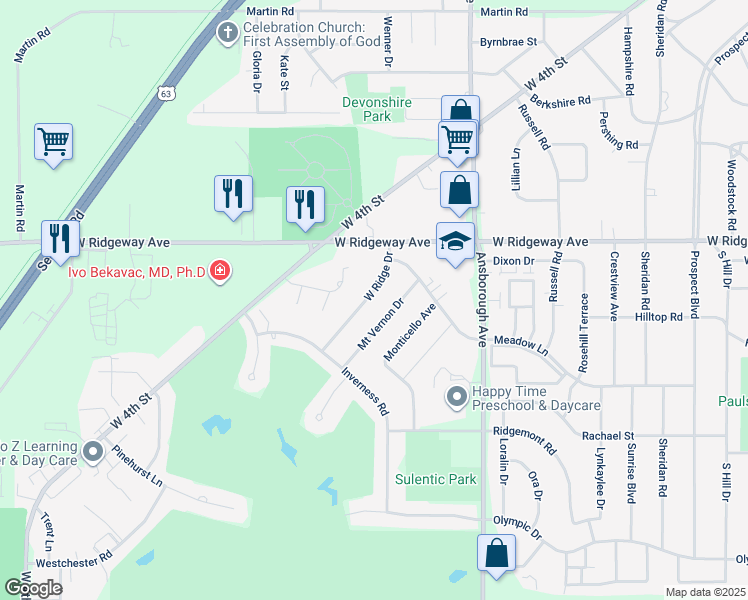 map of restaurants, bars, coffee shops, grocery stores, and more near 3319 West Ridge Drive in Waterloo