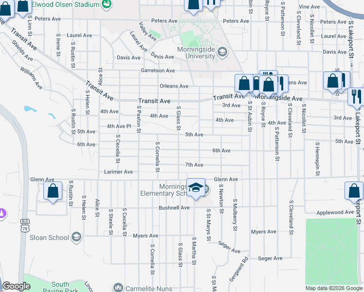 map of restaurants, bars, coffee shops, grocery stores, and more near 3514 5th Avenue in Sioux City