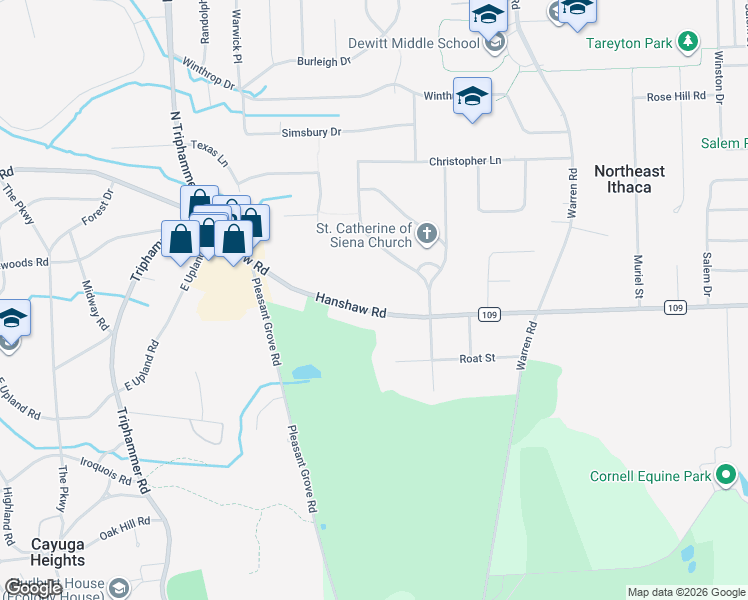 map of restaurants, bars, coffee shops, grocery stores, and more near 1026 Hanshaw Road in Ithaca