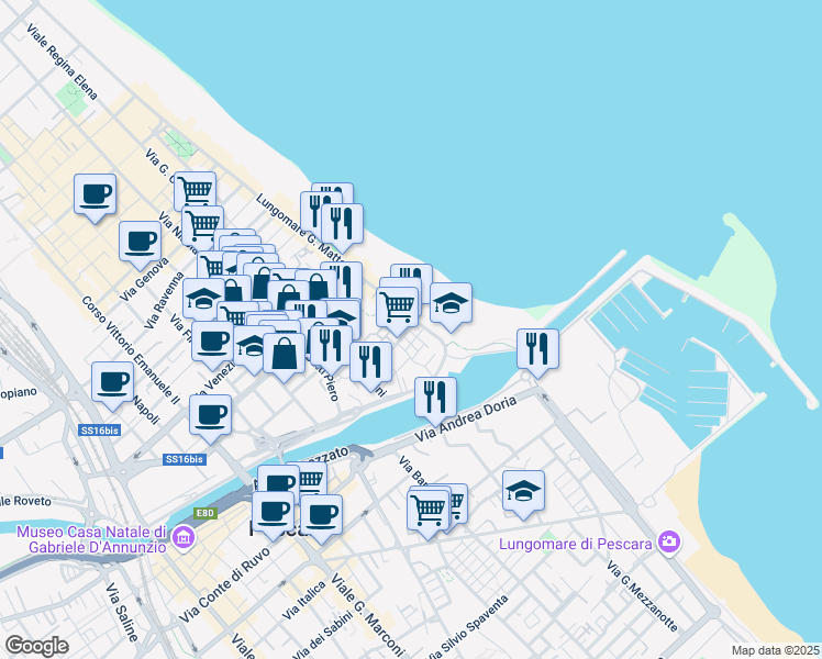 map of restaurants, bars, coffee shops, grocery stores, and more near 3 Lungomare Giacomo Matteotti in Pescara