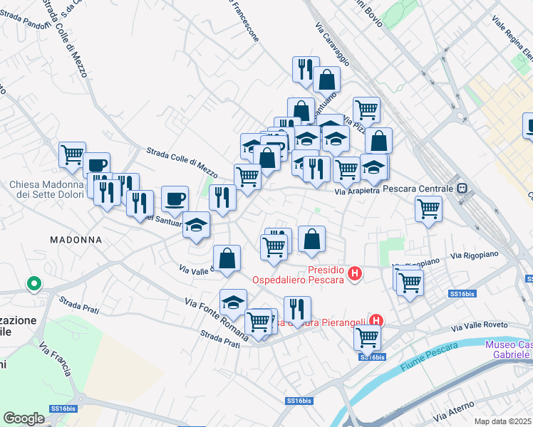 map of restaurants, bars, coffee shops, grocery stores, and more near Via Monte Secine in Pescara
