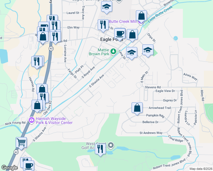 map of restaurants, bars, coffee shops, grocery stores, and more near 558 Meadow Lane in Eagle Point