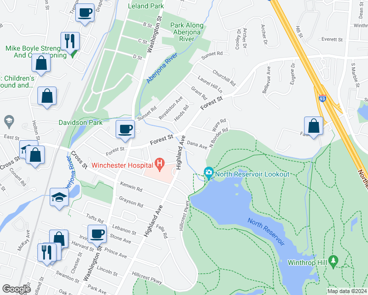 map of restaurants, bars, coffee shops, grocery stores, and more near 151 Forest Street in Winchester