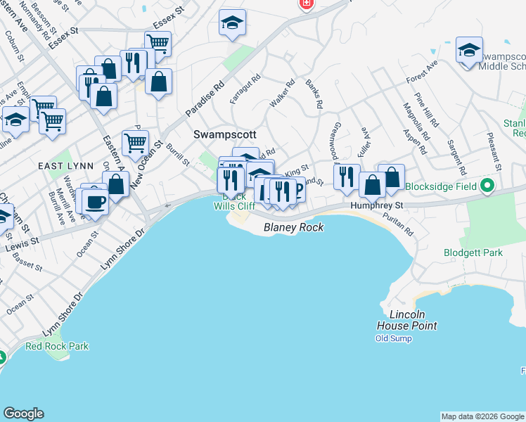 map of restaurants, bars, coffee shops, grocery stores, and more near 208 Humphrey Street in Swampscott