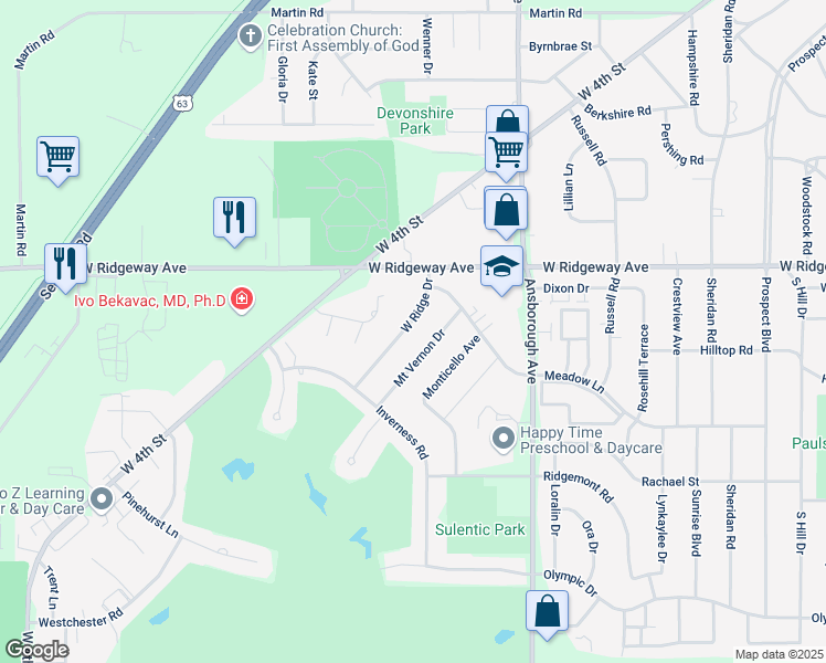 map of restaurants, bars, coffee shops, grocery stores, and more near 3319 West Ridge Drive in Waterloo