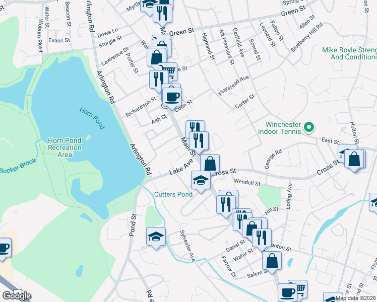 map of restaurants, bars, coffee shops, grocery stores, and more near 54 Main Street in Woburn