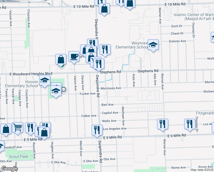 map of restaurants, bars, coffee shops, grocery stores, and more near 23855 Kathleen Avenue in Warren