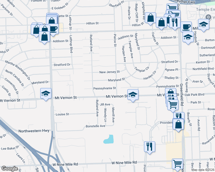 map of restaurants, bars, coffee shops, grocery stores, and more near 17021 Maryland Street in Southfield