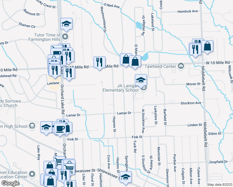 map of restaurants, bars, coffee shops, grocery stores, and more near 30445 Moran Street in Farmington Hills