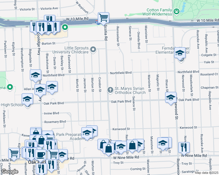 map of restaurants, bars, coffee shops, grocery stores, and more near 24010 Scotia Road in Oak Park
