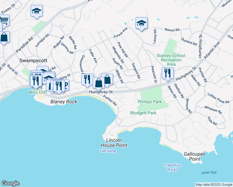 map of restaurants, bars, coffee shops, grocery stores, and more near 488 Humphrey Street in Swampscott