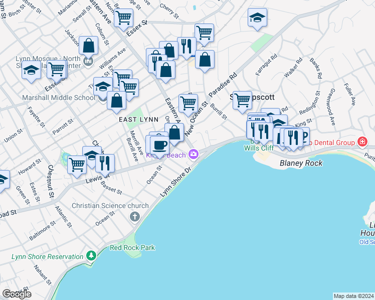 map of restaurants, bars, coffee shops, grocery stores, and more near in Lynn