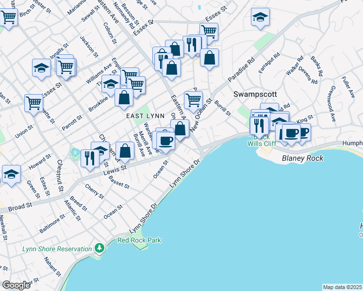map of restaurants, bars, coffee shops, grocery stores, and more near 47-49 Ocean Street in Lynn