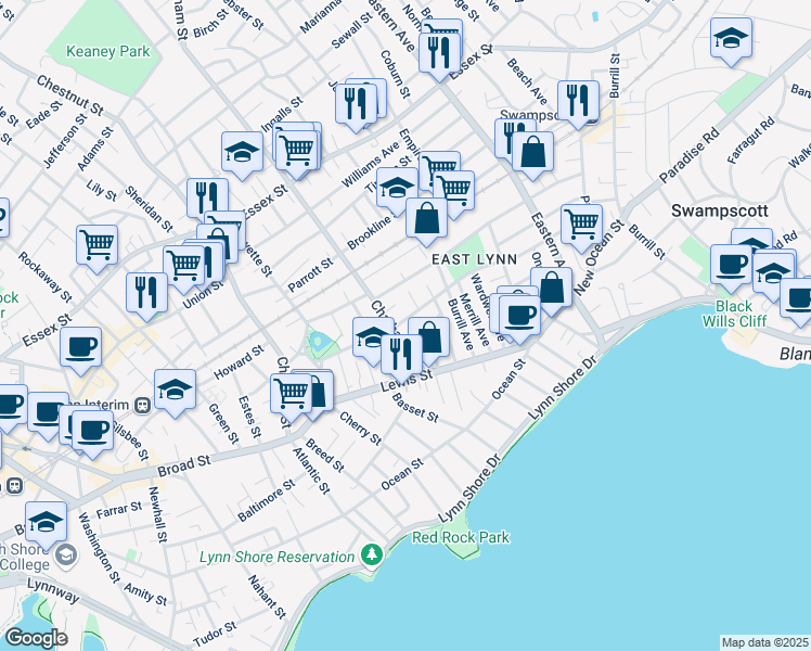 map of restaurants, bars, coffee shops, grocery stores, and more near 53 Chatham Street in Lynn