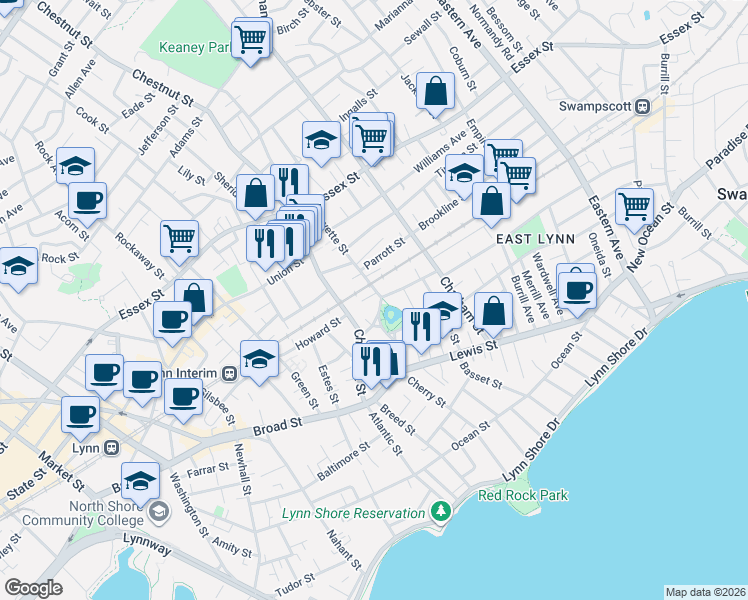 map of restaurants, bars, coffee shops, grocery stores, and more near 39 Bloomfield Street in Lynn
