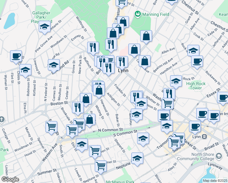 map of restaurants, bars, coffee shops, grocery stores, and more near 121 Franklin Street in Lynn