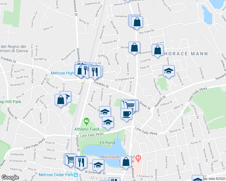 map of restaurants, bars, coffee shops, grocery stores, and more near 12 Pratt Street in Melrose