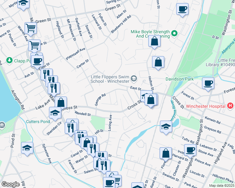 map of restaurants, bars, coffee shops, grocery stores, and more near 10 George Road in Winchester
