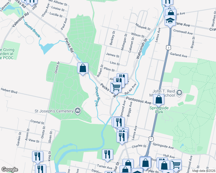 map of restaurants, bars, coffee shops, grocery stores, and more near 7 Students Lane in Pittsfield