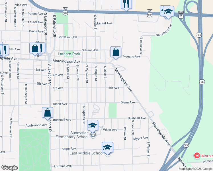map of restaurants, bars, coffee shops, grocery stores, and more near 2100-2298 S Olive St in Sioux City