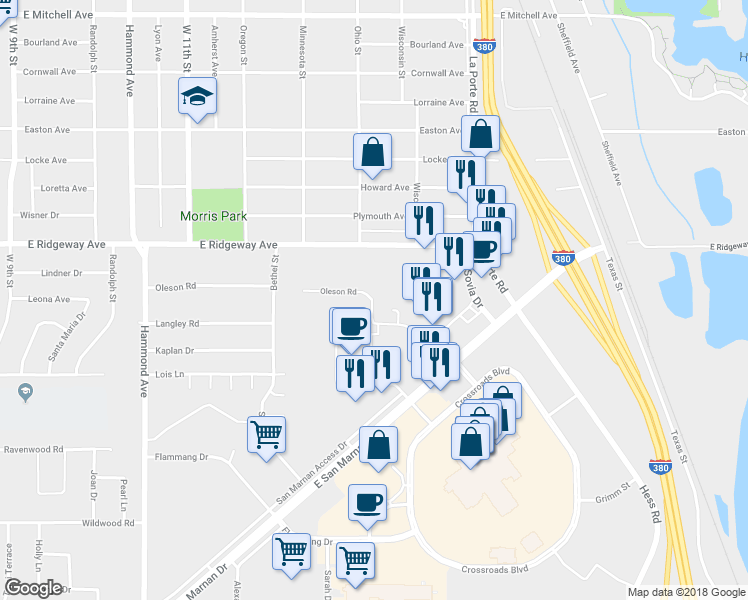 map of restaurants, bars, coffee shops, grocery stores, and more near 1601 Camelot Drive in Waterloo