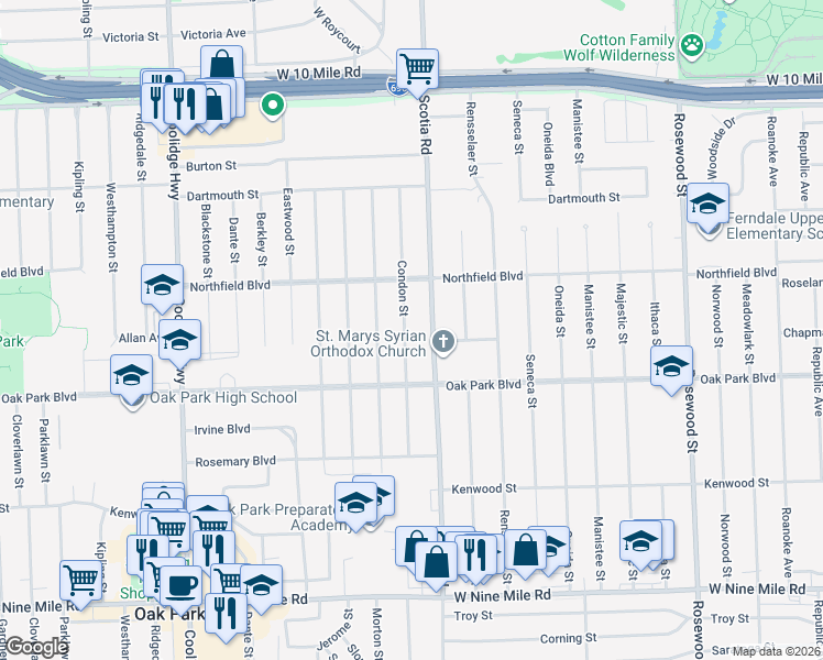 map of restaurants, bars, coffee shops, grocery stores, and more near 24020 Condon Street in Oak Park