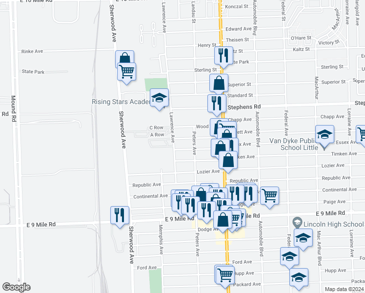 map of restaurants, bars, coffee shops, grocery stores, and more near 7239 Theut Avenue in Warren