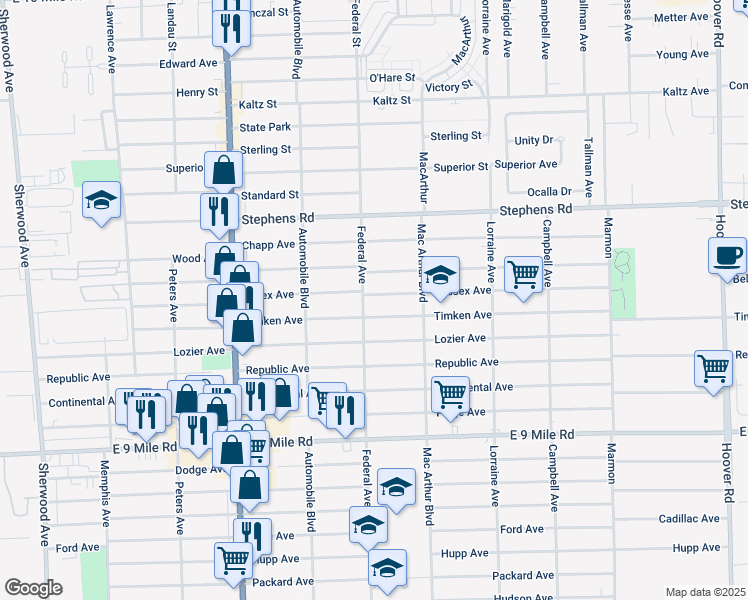 map of restaurants, bars, coffee shops, grocery stores, and more near 8420 Essex Avenue in Warren