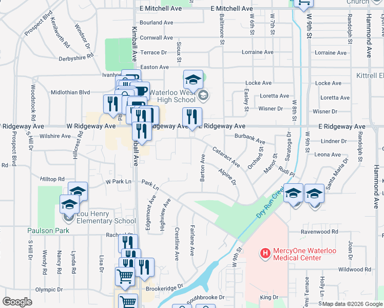 map of restaurants, bars, coffee shops, grocery stores, and more near 3322 Tropic Lane in Waterloo